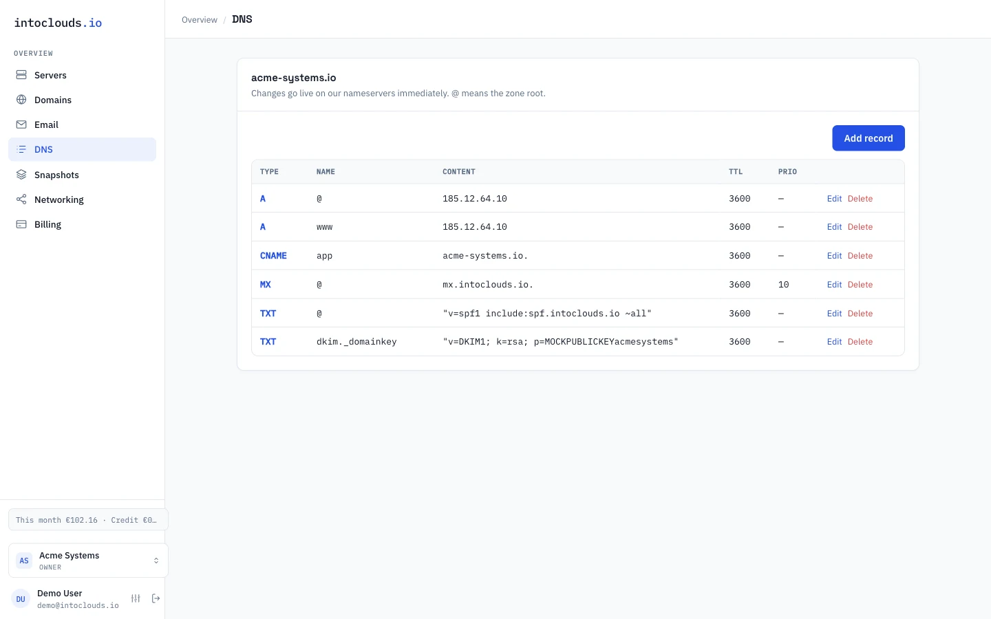 The DNS zone editor: a table of records with type, name, value and TTL, edited inline.