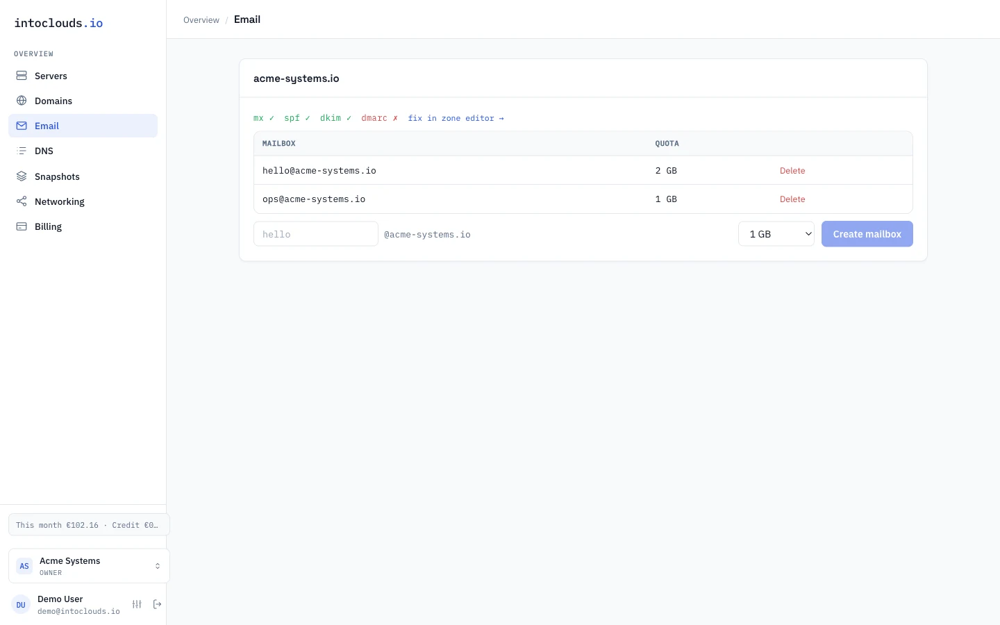 A mailbox in the panel with MX, SPF, DKIM and DMARC records each showing a green tick.